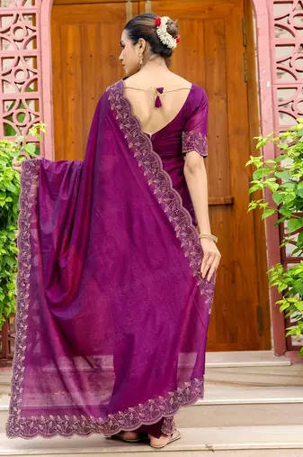 Purple embellished beads and stones tissue saree with unstitched blouse piece