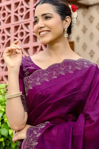 Purple embellished beads and stones tissue saree with unstitched blouse piece