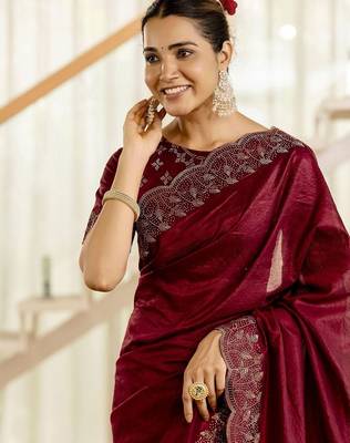Maroon embellished beads and stones tissue saree 1