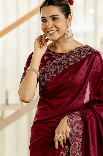 Maroon embellished beads and stones tissue saree