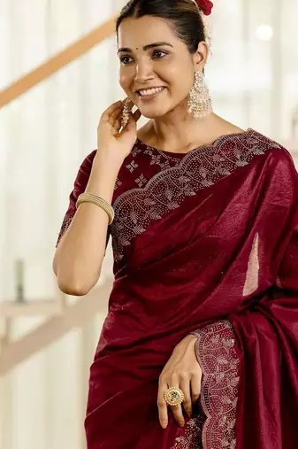 Maroon embellished beads and stones tissue saree