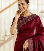 Maroon embellished beads and stones tissue saree