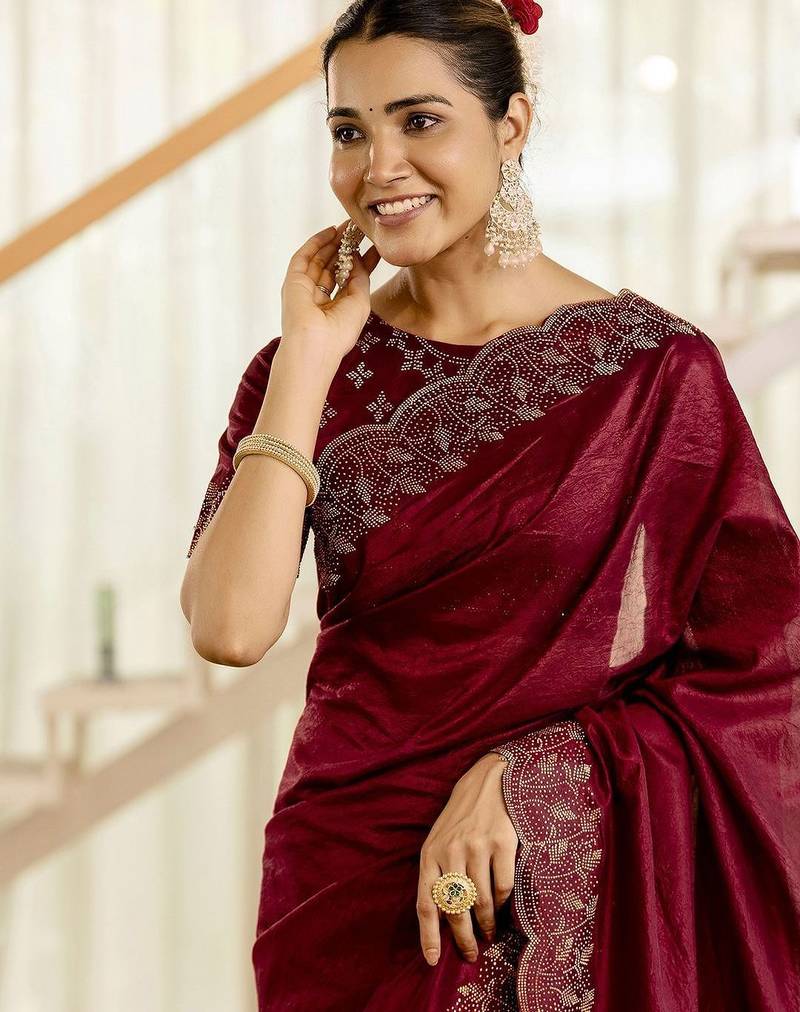 Maroon embellished beads and stones tissue saree