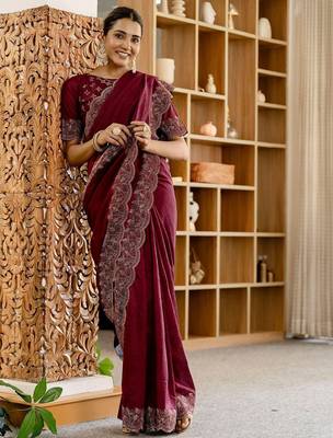 Maroon embellished beads and stones tissue saree 2