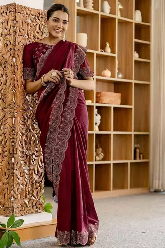 Maroon embellished beads and stones tissue saree