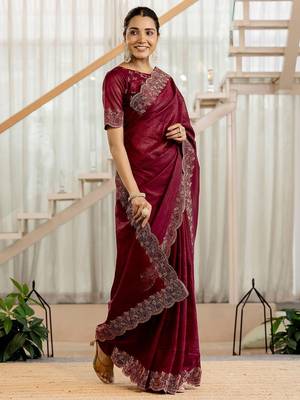 Maroon embellished beads and stones tissue saree 3
