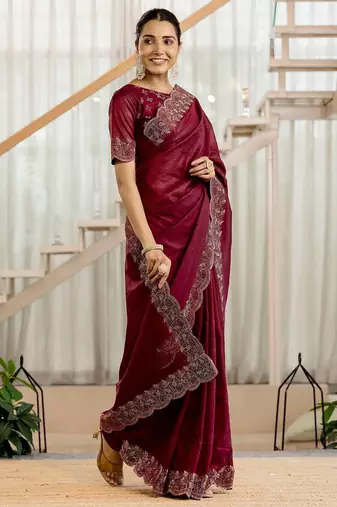 Maroon embellished beads and stones tissue saree