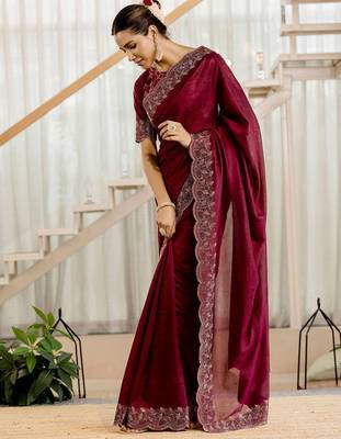 Maroon embellished beads and stones tissue saree 4