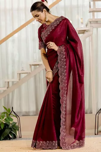 Maroon embellished beads and stones tissue saree