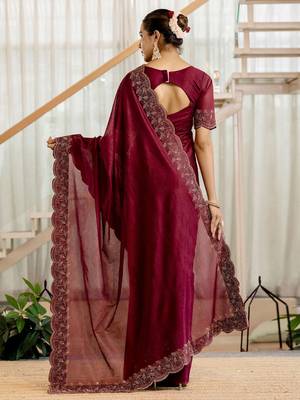 Maroon embellished beads and stones tissue saree 5