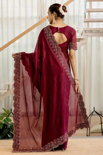 Maroon embellished beads and stones tissue saree