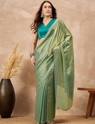 Green solid green embellished beads and stones border satin saree 1