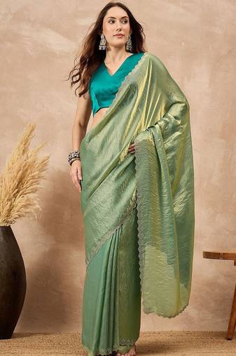 Green solid green embellished beads and stones border satin saree