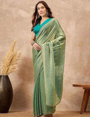 Green solid green embellished beads and stones border satin saree 2