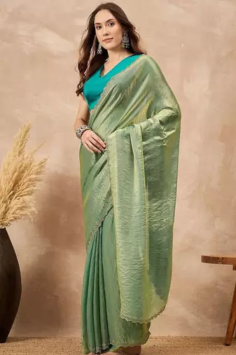 Green solid green embellished beads and stones border satin saree