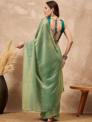 Green solid green embellished beads and stones border satin saree 3