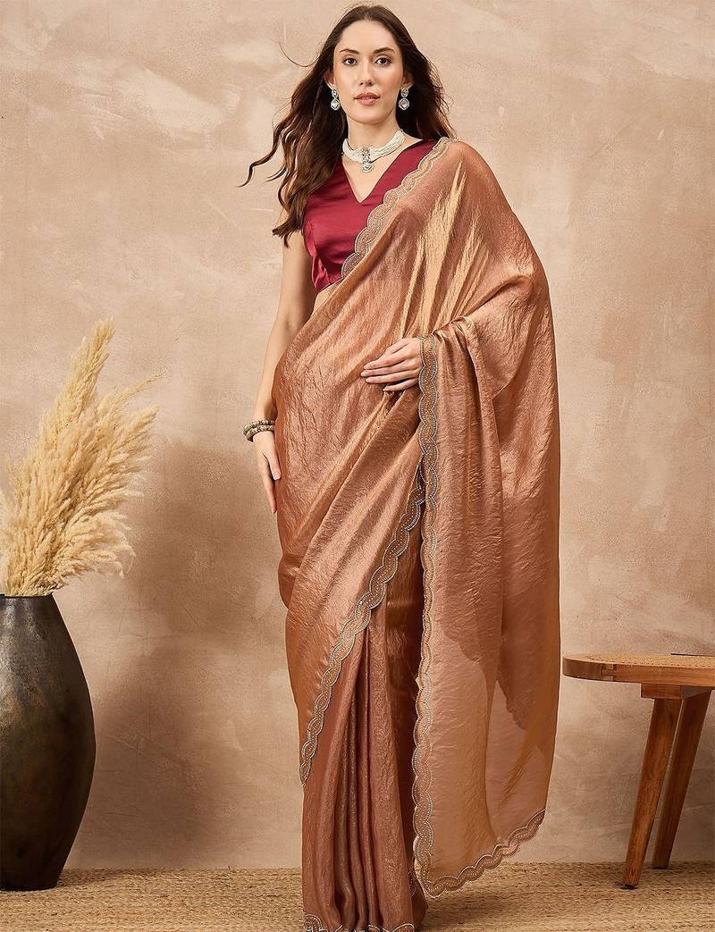 Copper beads and stones satin saree