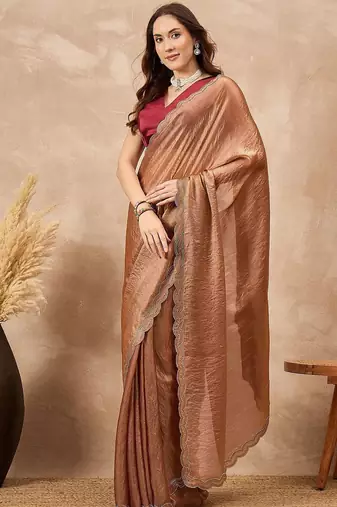 Copper beads and stones satin saree