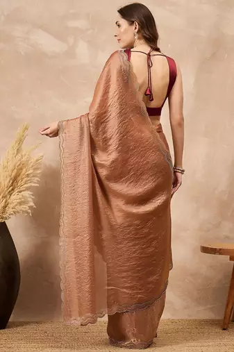 Copper beads and stones satin saree