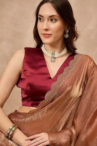 Copper beads and stones satin saree