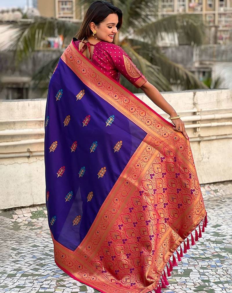 Violet woven design zari banarasi saree