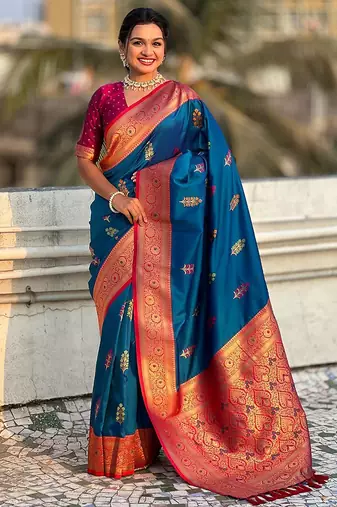 Blue woven design zari silk blend banarasi saree
