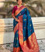 Blue woven design zari silk blend banarasi saree