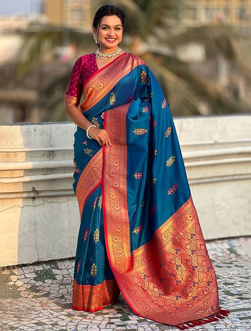 Blue woven design zari silk blend banarasi saree