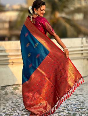 Blue woven design zari silk blend banarasi saree 2