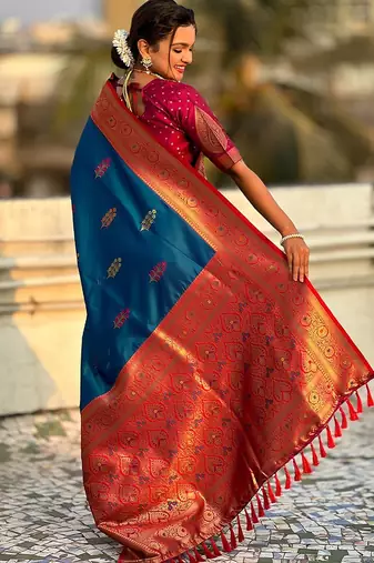 Blue woven design zari silk blend banarasi saree
