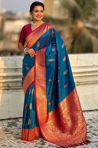 Blue woven design zari silk blend banarasi saree
