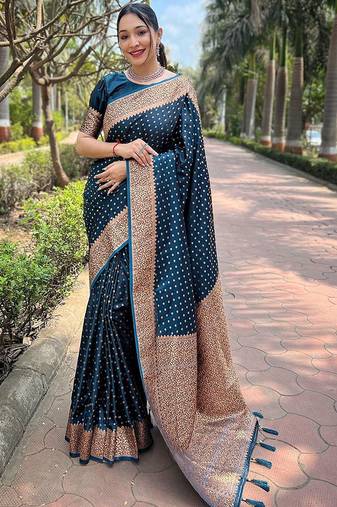 Blue woven design zari satin banarasi saree