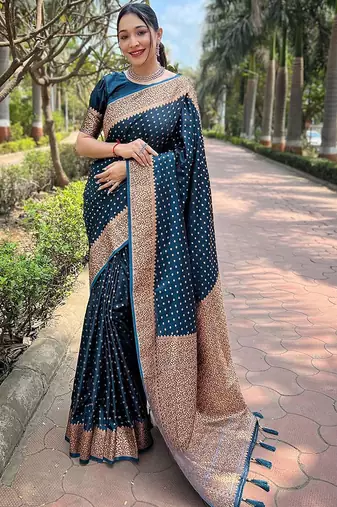 Blue woven design zari satin banarasi saree