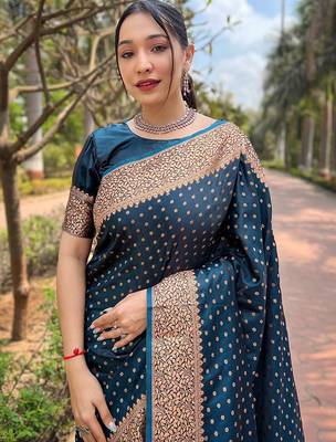 Blue woven design zari satin banarasi saree 3