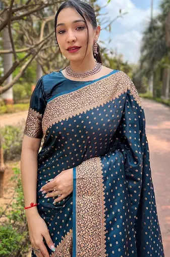 Blue woven design zari satin banarasi saree