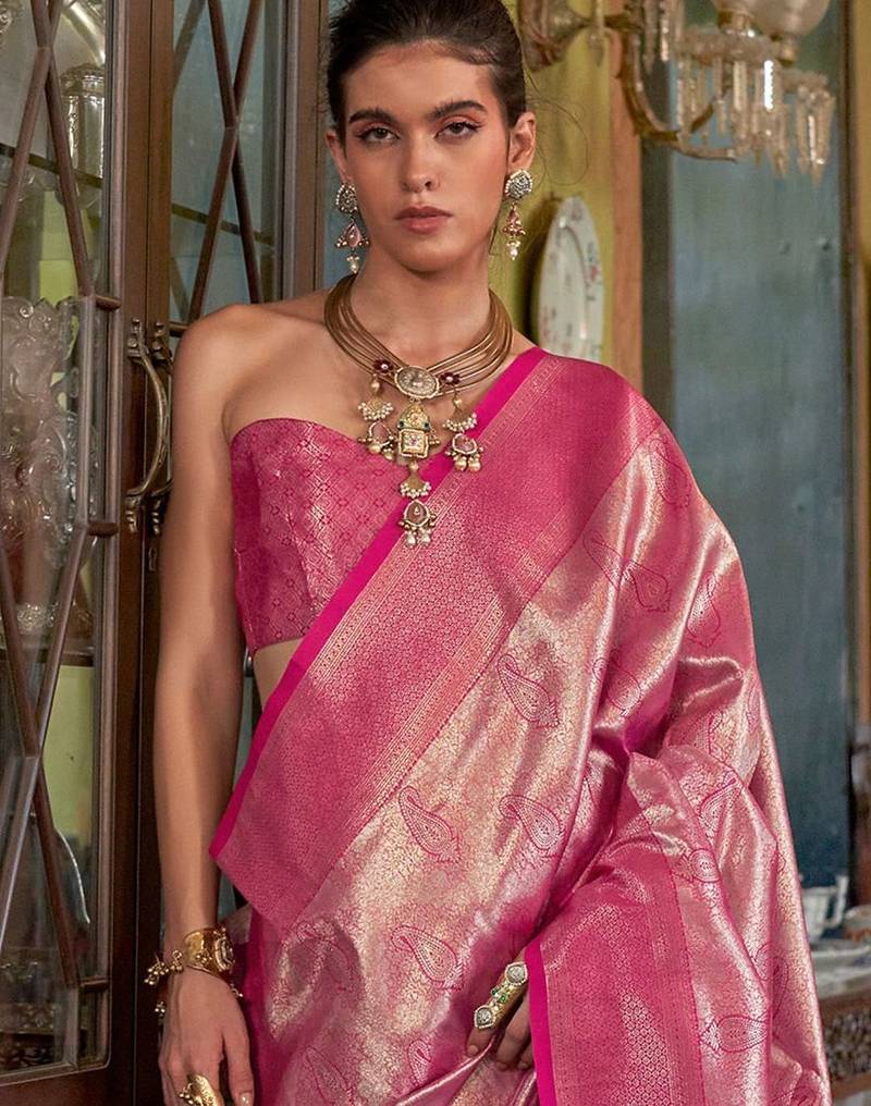 Magenta ethnic motifs woven design zari kanjeevaram saree