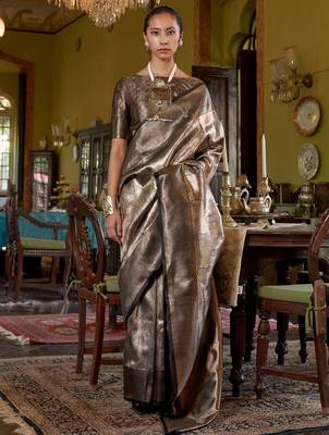 Grey ethnic motifs woven design zari kanjeevaram saree 1