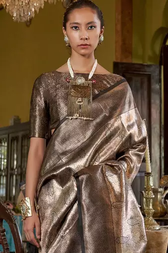 Grey ethnic motifs woven design zari kanjeevaram saree