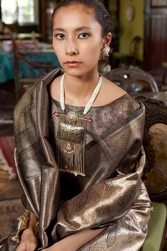 Grey ethnic motifs woven design zari kanjeevaram saree