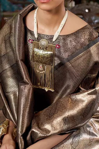 Grey ethnic motifs woven design zari kanjeevaram saree