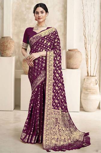 Burgundy floral woven design dyed saree