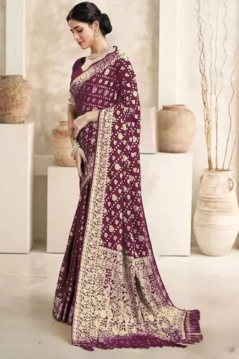 Burgundy floral woven design dyed saree