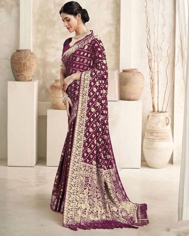 Burgundy floral woven design dyed saree