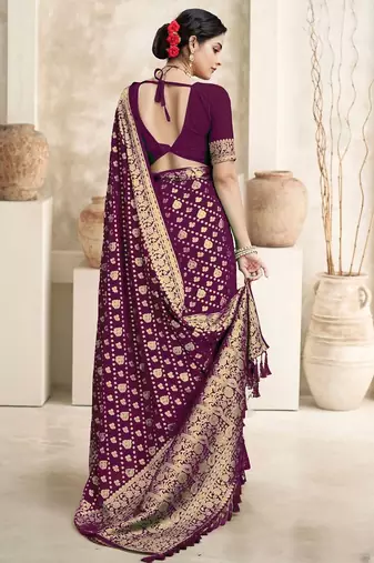 Burgundy floral woven design dyed saree