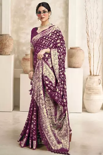 Burgundy floral woven design dyed saree