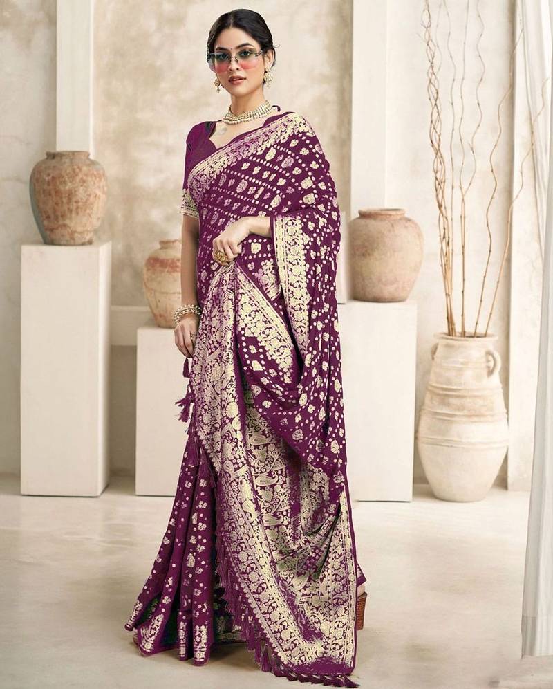 Burgundy floral woven design dyed saree
