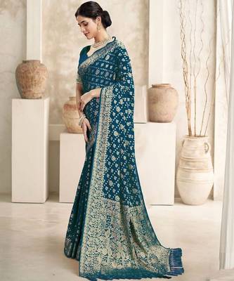 Turquoise woven design zari  georgette saree 2