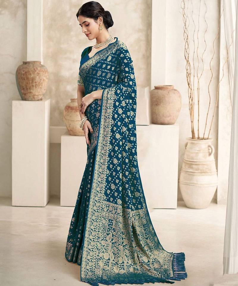 Turquoise woven design zari  georgette saree
