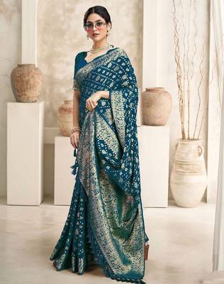 Turquoise woven design zari  georgette saree 4