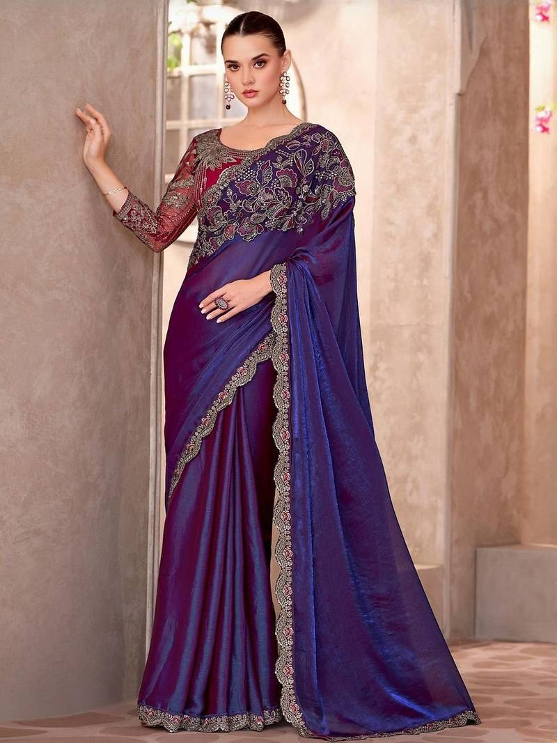 Blue ethnic motifs sequinned  georgette saree
